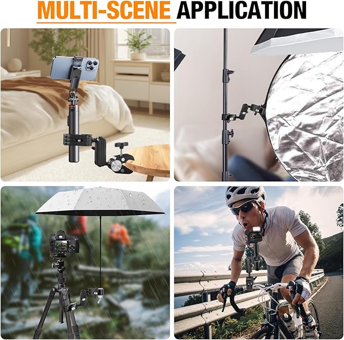 Super Clamp Double Camera Mount with 1/4 Inch Screw Adapter Clip Bracket Magic Arm Dual Ball Head for Motorcycle Chair Pole Tripod Light Stand Photo Boom Stand Cross Bars