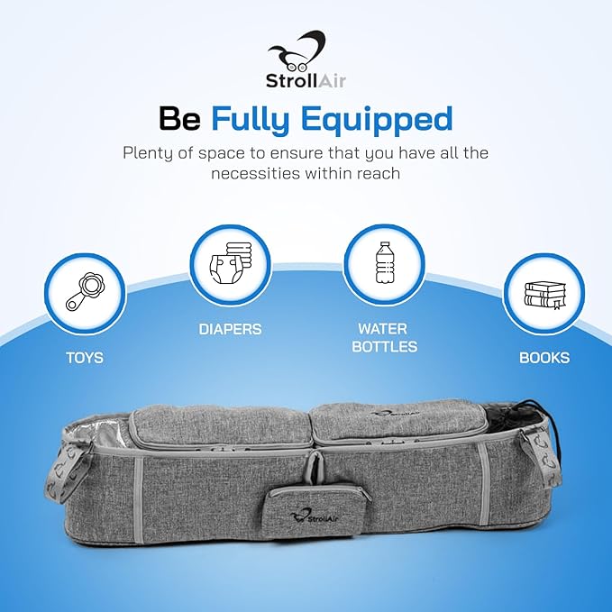 StrollAir Double Parent Stroller Organizer with Insulated Cup Holder Caddy - Universal Fit for Mountain Buggy, Twin Way, Bob Duallie, Baby Jogger City Mini GT (Grey)