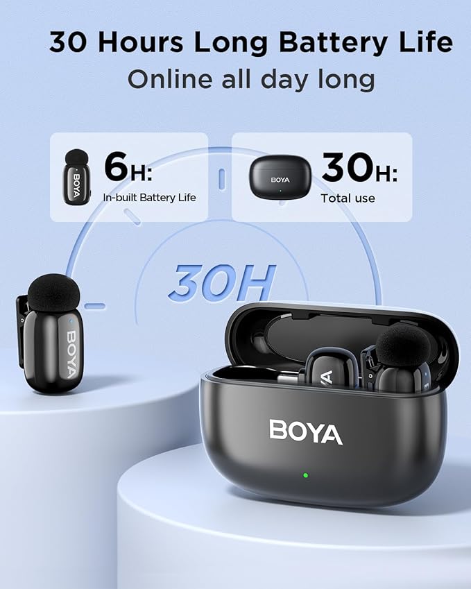 BOYAMINI Wireless Lavalier Lapel Microphone for iPhone 14/13/12,MFi Certified Lightning Port,Noise Reduction External Mics,30H Battery Life,Charging Case, Voice Changer for Vlog Podcast Record
