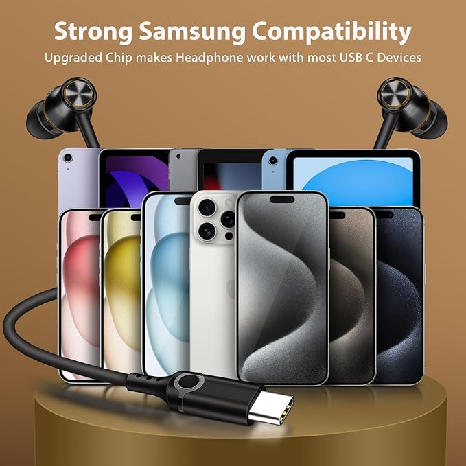Jiunai USB C Headphones for Samsung S26 Type C Wired Earbuds with Mic In Ear Magnetic Snap S M L Ear Tips Stereo Corded Earphone for iPhone 17 16 15 Galaxy S25 S24 for iPad Pro Pixel 10 9 Black & Gold