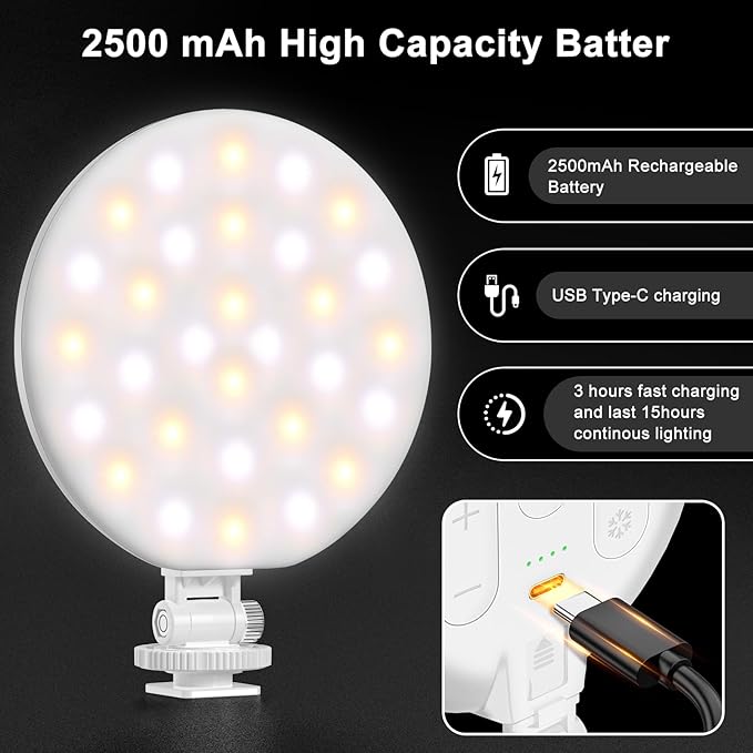 Hagibis LED Video Light, 2500mAh Rechargeable Camera Light, CRI97+ Dimmable Ring Light with Cold Shoe Mount, Portable Photography Lighting for Camera Phone Photography, Vlog Filming&TikTok Live(White)