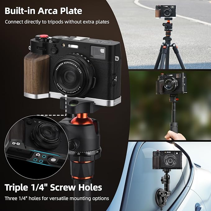 Grip Accessories for FUJIFILM X100VI / X100V, L-Shape Handle with Arca-Swiss Quick Release Plate & Metal Thumb Grip Hot Shoe Cover & 2 Shutter Buttons Fuji X100VI / X100V Accessories (Silver)