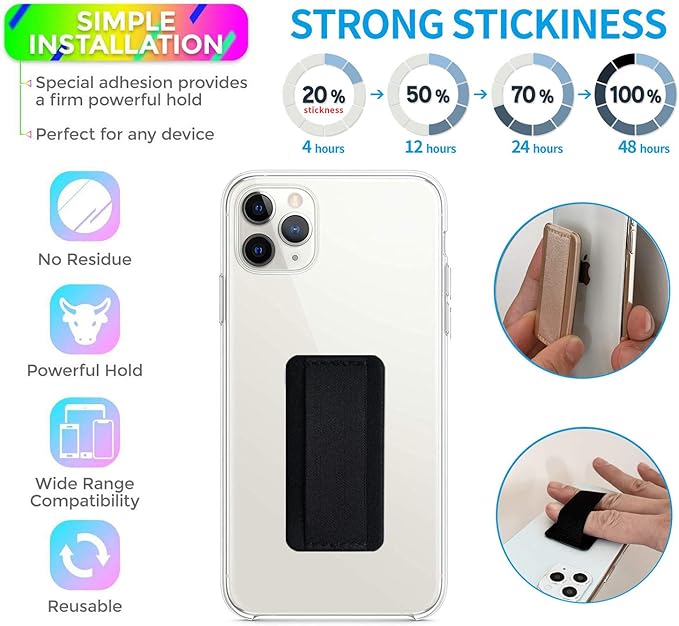 Universal Phone Grip Holder for Hand - Wireless Charging Compatible - Universal Finger Strap Phone Holder Compatible with Most Smartphones (Black) - 5Pack