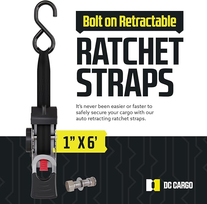 DC Cargo Mall Bolt-on Auto Retractable Ratchet Straps - (2 Pack) 1 Inch x 6 Ft - 600 lbs Break Strength - Retractable Ratchet Tie Down Straps for Boats, Jet Skis, Motorcycles, ATVs