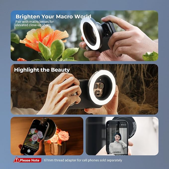 SmallRig Vibe P30 67mm Ring LED Video Light, Compact Powder-Size Bi-Color Light with High CRI ≥90, Compatible for 67mm Phone Mounts/Cases/Lenses, for Content Creation, Live Streaming, 4873