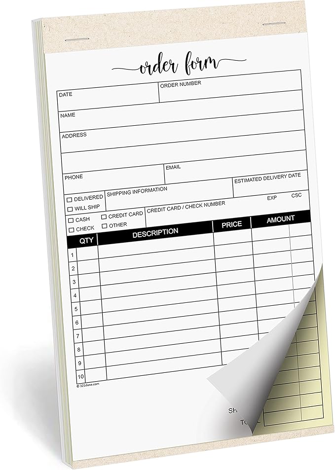 321Done Order Form Book with Cover, 5.5x8.5 Small 2-Part Carbonless, Made in USA, Carbon Duplicate Copy Invoice Purchase Sales Notepad for Small Business, Simple, Generic (50 Sets) White/Yellow