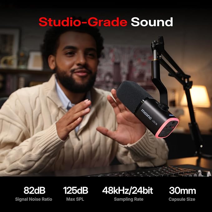 MAONO PD100W Wireless/USB Microphone, PC Gaming Streaming Dynamic Mic with One-Click Noise Reduction,Mute Button,Custom RGB, 3.5mm Headphone Jack, Desktop Podcasting Mic for Computer Phone, Black