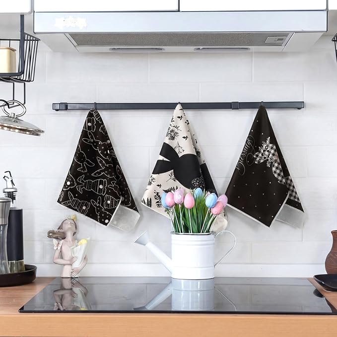 Preboun 6 Pcs Easter Eggs Kitchen Towels Retro Bunny Dish Hand Towels Black White Plaid Easter Themed Dish Cloth House Decorative Farmhouse Tea Cloth Absorbent for Home Kitchen Bathroom Decor