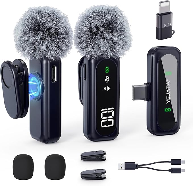 Wireless Lavalier Microphone with Digital Battery Display 360° Omnidirectional Noise Cancelling 100FT Range Rotatable Clip for iPhone 15/16 Android PC iPad Tablet