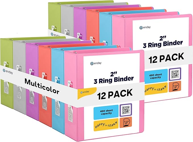 Enday 2 inch 3 Ring Binder (12 Pack - Assorted Colors) Binder 2 inch with Clear View Cover and 2 Inside Pocket - for Letter Size 8.5 x 11'' Paper, Ideal for School Supplies, Office, and Home