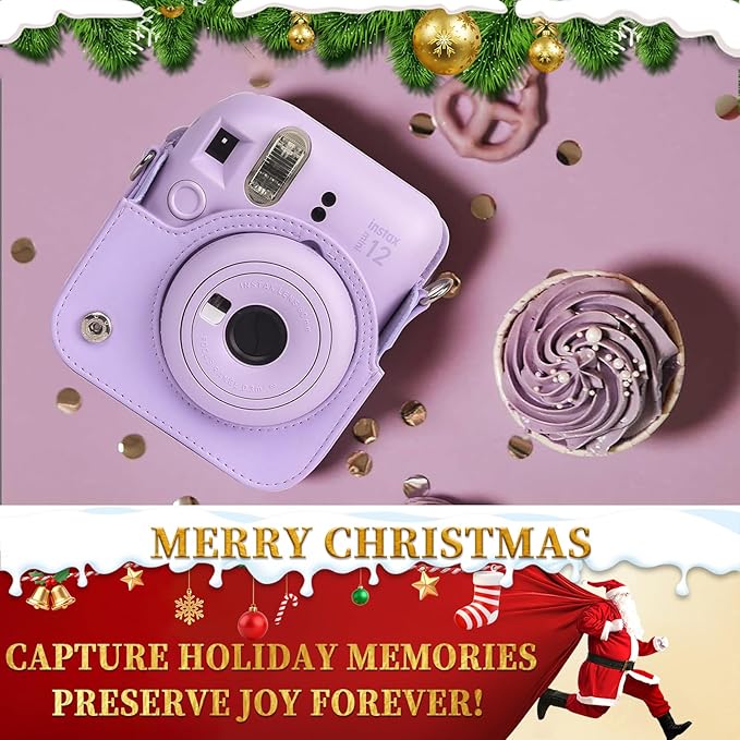 CAIYOULE Camera Case for Fujifilm Instax Mini 12 Instant Film Camera, PU Leather Protective Camera Crossbody Bag for Fuji Mini 12 with Photo Album, Adjustable Shoulder Strap, Lilac Purple-No Camera