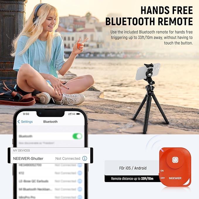 NEEWER Mini Flexible Phone Tripod Stand Portable Vlog Selfie Stick with Remote/Cell Phone Holder/Action Camera Adapter/Cleaning Cloth for Video Recording, Compatible with GoPro Insta360 Camera, TP35