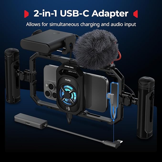 SmallRig Universal Hyper Chill Cooling Phone Cage for iPhone/Android, with 15W Active Cooler & 2-in-1 USB-C Adapter & Power Bank Holder, Compatible 2.5-3.1" Phones, Live Streaming Video Shooting-5275
