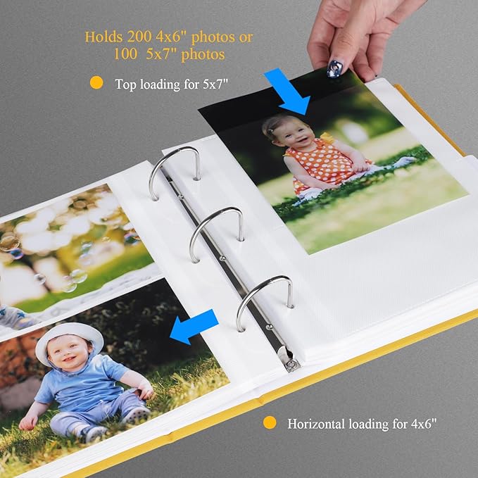 1DOT2 Photo Album 4x6 Photos Hold 200 or 5x7 Pictures Hold 100, 3 Ring Binder Photo Albums Linen Cover with 6-Tab Index Dividers Photo Book Acid Free Albums 4x6 5x7 for Wedding Baby (Indian Yellow)