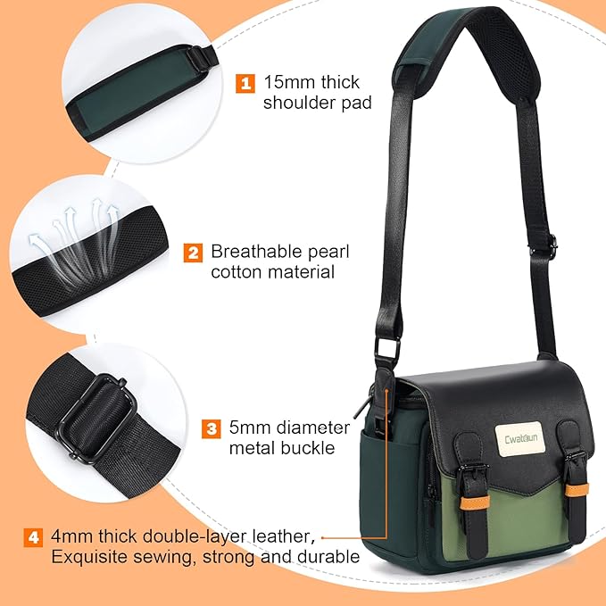 Cwatcun Camera Bag, Waterproof Flap Camera Crossbody Shoulder Messenger Case with Tripod Holder, Travel Photography Bag for Canon, Nikon, Sony, Fuji DSLR/SLR/Mirrorless Camera, Lens - Green, S