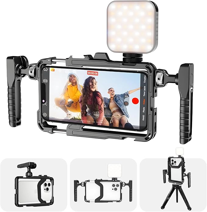 Phone Video Stabilizer Rig Kit: Phone Cage Rig for Video Recording with Handles LED Light Tripod - for Videomaker Videographer - for iPhone for Samsung for Pixel and Other Android Phones