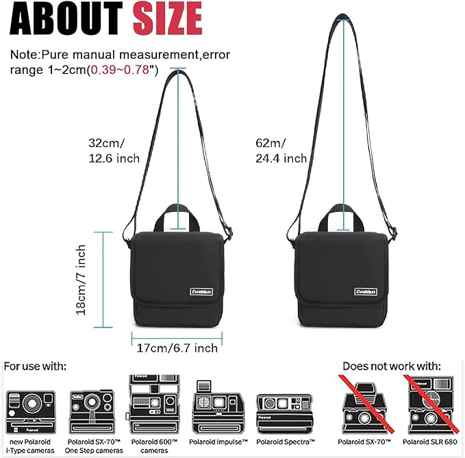 Cwatcun Polaroid Camera Bag, Travel Carrying Camera Shoulder Bag Case, Now I-Type Instant Film, Polaroid 600 Film Camera, Black