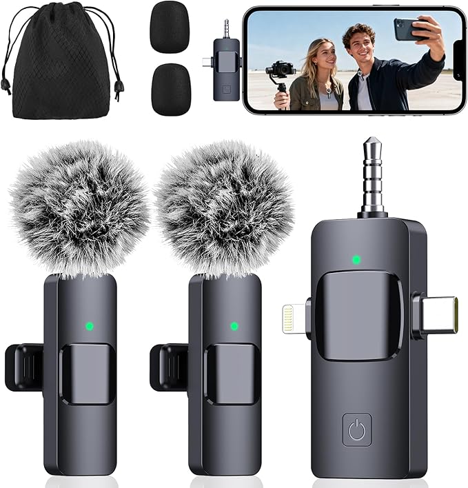 3-in-1 Microphone for iPhone, Android, Camera, Wireless Microphones, Mini Microphone, Lapel Mic with Noise Reduction, Crystal Clear Sound & 7H Battery for Vlogging, Portable Recorders