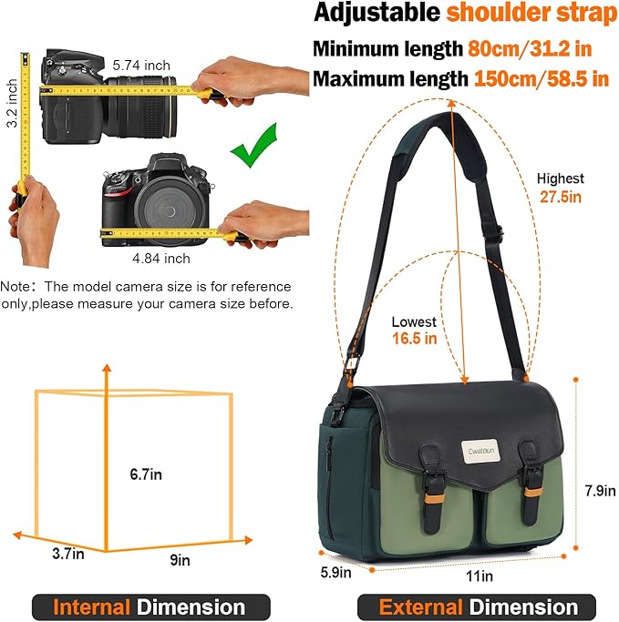 Cwatcun Camera Bag, Waterproof Flap Camera Crossbody Shoulder Messenger Case with Tripod Holder, Travel Photography Bag for Canon, Nikon, Sony, Fuji DSLR/SLR/Mirrorless Camera, Lens - Green, M