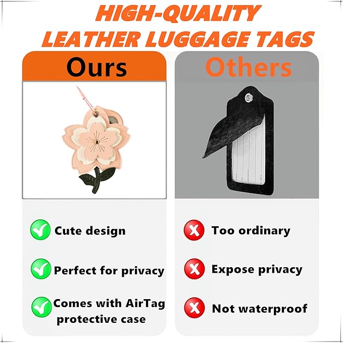 Cute Leather Luggage Tag Holder with Airtag Case Set,Hidden Compartment for AirTag Travel Suitcase Tracking Case with Stainless Steel Loop,Name ID Label(Pink Cherry Blossoms)