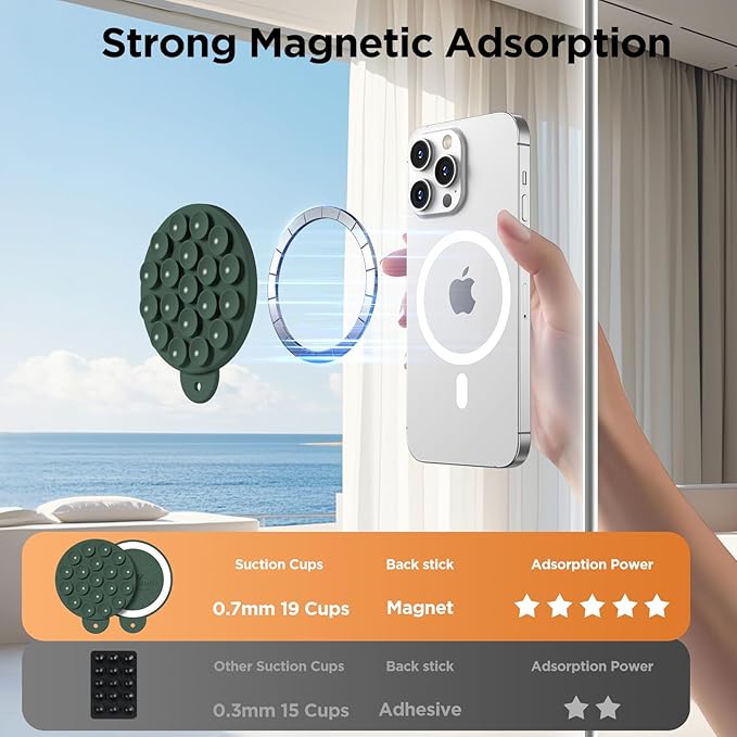 Magnetic Suction Cup Phone Mount, Compatible with MagSafe, Silicone Octo Cup Buddy Sticky Grip Holder for iPhone and Android, Removable Hands-Free Selfie/Video for TikTok, Alpine Green