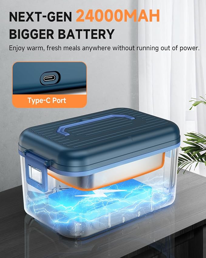 GEARGO 𝟐𝟎𝟐𝟔 𝐔𝐩𝐠𝐫𝐚𝐝𝐞𝐝 Cordless Electric Lunch Box, 1.6L & 24000mAh Rechargeable Heated Lunch Box with Ice Crystal Box, 24 Hours Scheduled Self Heating Lunchbox For Work Men Women(Blue)
