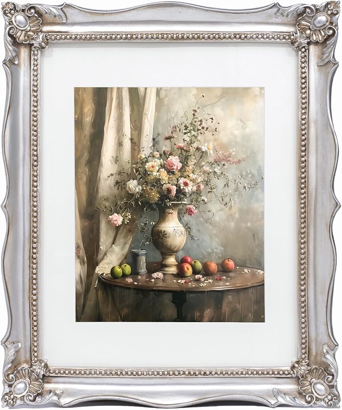 11x14 Vintage Picture Frame with Embossed Flower Design, Silver Ornate Frame for 11x14 or 8x10 Pictures with White Mat, Hand-Crafted Resin Antique Baroque Frames with Hook for Wall Mounting Display(Silver)
