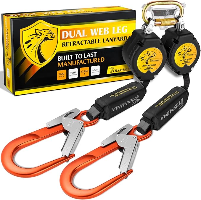 TRSMIMA Fall Protection Retractable Lanyard - 6FT Twin Leg Self Retracting Lanyard Tangle-Free Webbing Shock Absorber Dual Aluminum Rebar Hook Aluminum Carabiner ANSI