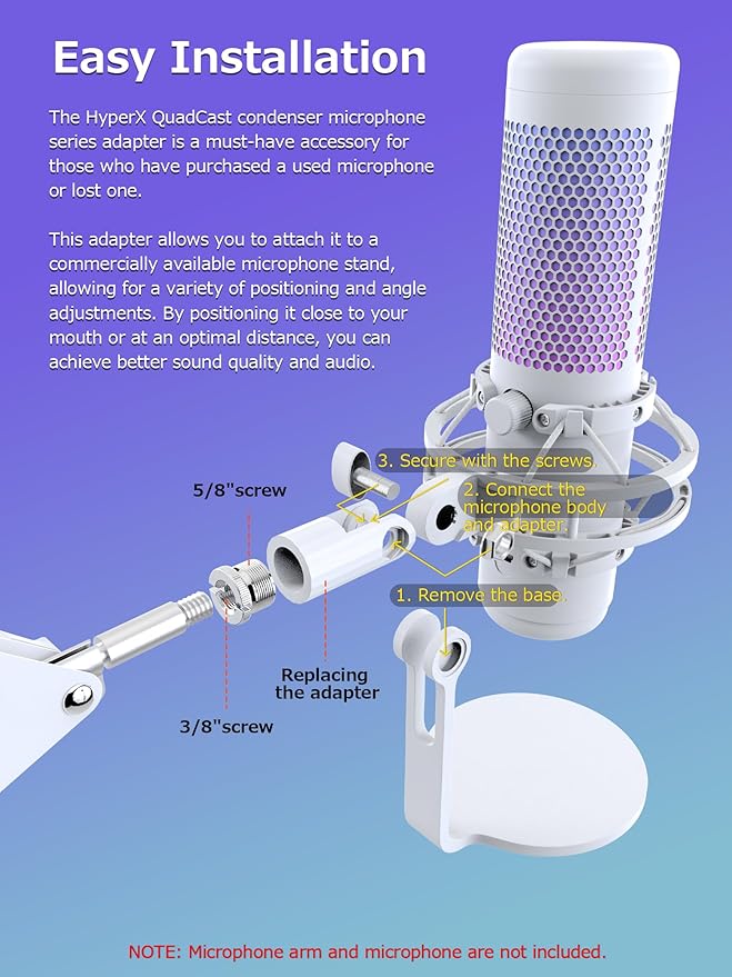 Mic Stand Adapter for 3/8" HyperX QuadCast Boom Armr(white)