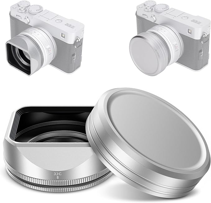Metal Square Lens Hood Shade with Hood Cap & Adapter Ring, for Fuji Fujifilm XF 23mm F2.8 R WR On X-E5 XE5 Camera, Lens Cover Protector for XF 27mm F2.8 R WR,Replaces LH-XF27(NOT for TTArtisan)-Silver
