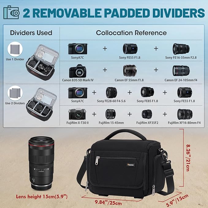RAINSMORE Camera Bag, SLR/DSLR/Mirrorless Camera Case with Divider Tripod Holder Waterproof Sling Bag Crossbody Camera Bags for Photographers with Rain Cover for Canon/Sony/Nikon/Fuji, Black