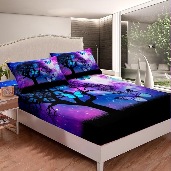 Blue Butterfly King Bedding Sets for Girls Purple Starry Sky Bed Sheets Cute Butterfly Print Sheet Set Gradient Galaxy Fitted Sheet Dream Themed Sheets for Boys Teen Kids Lovely Insect Decor Bed Set