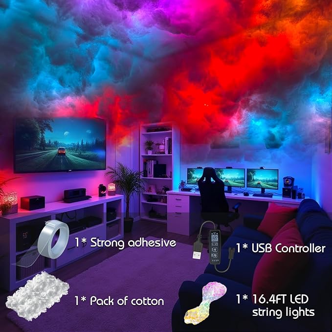 Thundercloud LED Light, DIY RGB+IC Chasing Ceiling Cloud Lights with APP and 2.4G Remote Control for Kids Room Decor (Multicolor, 17ft)