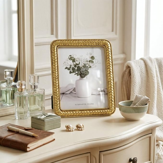 8x10 Gold Picture Frame, Ornate Resin Photo Frame with Glass Front, Decorative Rattan Design Gold Frames for Tabletop Display & Wall Hanging, Vintage Elegant Home Decor for Living Room, Bedroom