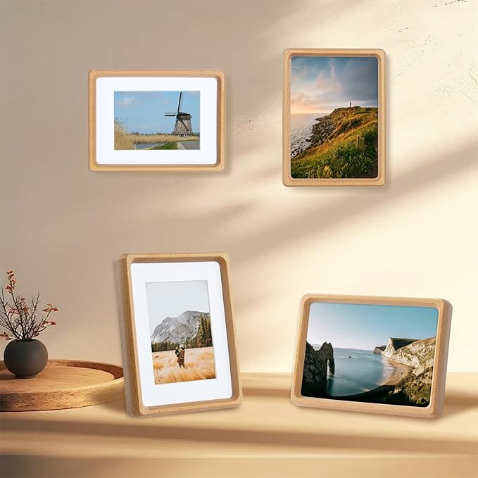 TEYCLZORE 4x6 Natural Wood Picture Frame, Handmade Beech Wood Photo Frame, Display 3x4 Picture with Mat or 4x6 Without Mat, Tabletop Display and Wall Hanging