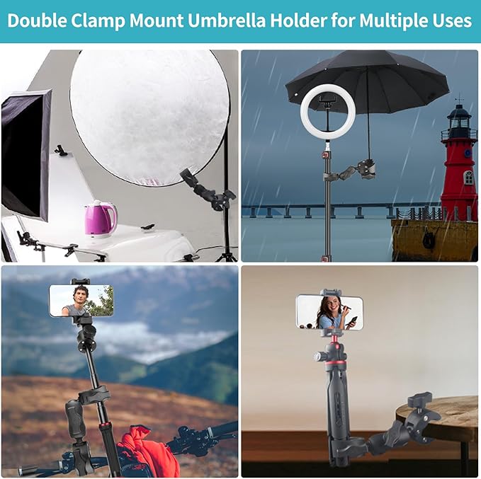 Double Clamp Mount Umbrella Chair Clamp with 360° Magic Arm, Umbrella Holder Clip for Chair Wheelchair Stroller Light Stand, Photography Reflector, Motorcycle, Live Scope Pole, Photo Boom Stand