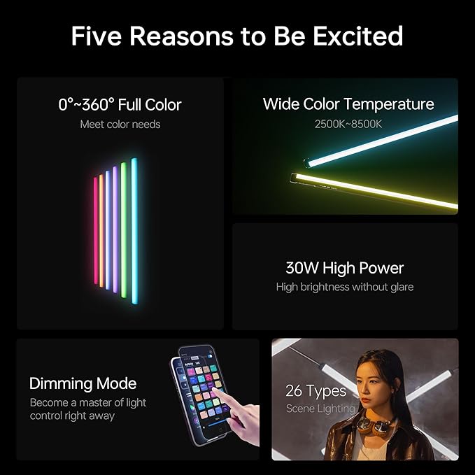 VILTROX 2 Pack LED Stick Light Kit, 30W Full Color LED Tube Light with Built-in 14.8V/3300mAh Battery and USB-C 35W Fast Charging, RGBW Video Light for Photography and Filmmaking (K90 Kit)