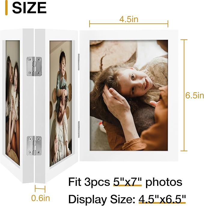 decorUhome Triple 5x7 Picture Frame Vertical, Engineered Wood Trifold Photo Frame with Plexiglass for Tabletop Display, 5x7, White
