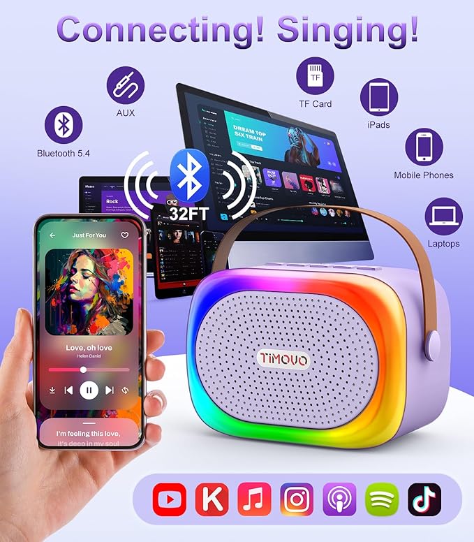 TiMOVO Mini Karaoke Machine, Portable Bluetooth Speaker with 2 Wireless Microphones and LED Lights, Birthday Gifts for Family Home Party, Purple