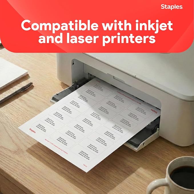 Staples 1" x 2-5/8" Address Labels, White – Printable Laser & Inkjet Mailing Labels, 750 Labels per Box