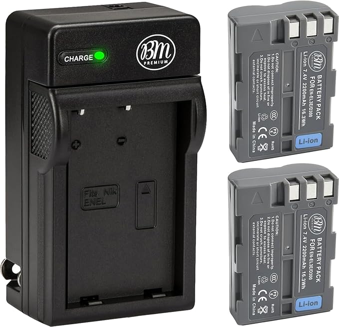 BM Premium 2 Pack of EN-EL3e Batteries and Battery Charger for Nikon D50, D70, D70s, D80, D90, D100, D200, D300, D300S, D700, MH-18, MH-18a, MH-19, MB-D200, MB-D10 Cameras