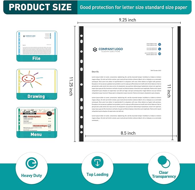 Sheet Protectors, PANDRI 400 Pack Color Heavy Duty Plastic Page Protectors Sheet Reinforced 11-Hole Fit for 3 Ring Binder Fits Standard 8.5 x 11 Paper, 9.25 x 11.25 Top Loaded, Excluding Acid