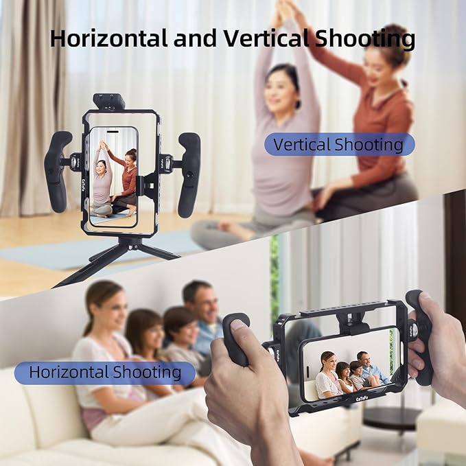 Universal Phone Cage, Aluminum Smartphone Video Cage Grip with Cold Shoe & 1/4 Inch Thread Mount for Videomaker, Filmmaker, TikToker and Youtuber-PC01