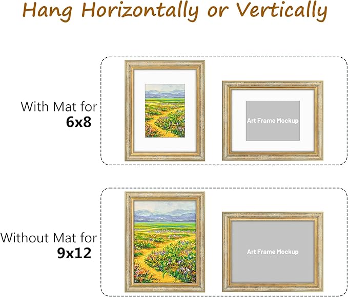 Golden State Art,9x12 Ornate Picture Frame for 6x8 Photo with Mat or 9 x 12 Prints without Mat, Real Glass Wall Display Horizontally or Vertically (Color:Vintage Gold)