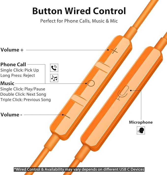 Jiunai USB C Earbuds for Samsung S26 Wired Headphones with USB C Plug in Ear Magnetic Stereo Remote Control Corded Type C Earphones for iPhone 17 16 15 Galaxy S25 S24 Pixel 10 for iPad Pro Orange Grey