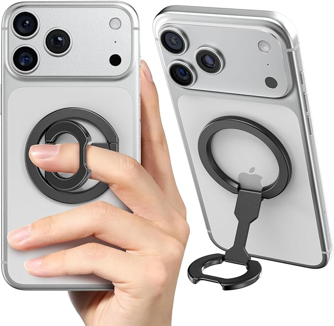 CloudValley for Magsafe Phone Grip Holder - Adjustable Dual-Sided Magnetic Finger Ring Stand 4-in-1, Compatible with iPhone 17/16-12 & MagSafe Car Mounts, Black