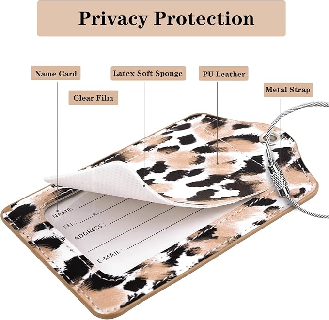 (Set of 2) Luggage Tag Leather Privacy Cover ID Label Address Card with Stainless Steel Loop, Travel Bag Tags Suitcase Labels, Leopard
