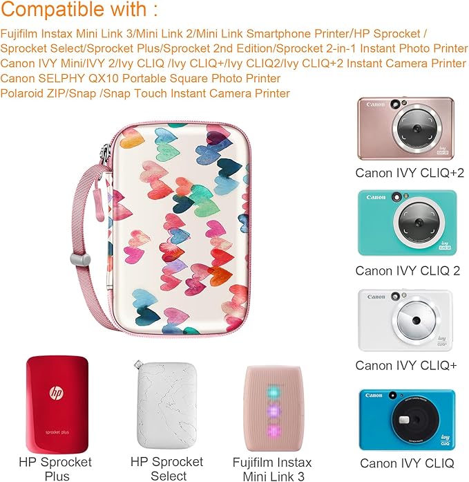 FINTIE Case for HP Sprocket Select/Sprocket Plus Smartphone Printer, Canon Ivy Mini/CLIQ 2/CLIQ+2 Instant Camera - Shockproof Hard Shell Carrying Case, Raining Hearts