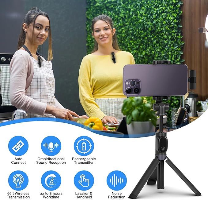 Professional Wireless Lavalier Lapel Microphone for iPhone, iPad, Cordless Omnidirectional Condenser Recording Mic for Video Recording, Live Streaming, Interview Podcast Vlog YouTube Tiktok(2 Pack)