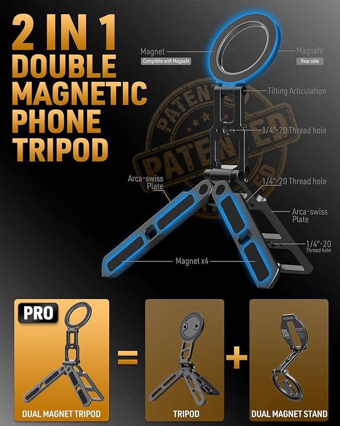 Dual Magnetic Phone Tripod for MagSafe Tripod Foldable Double Magnet Mount Pocket Cell Phone Stand for iPhone 17/16/15 Pro Plus Max Travel Gym Magnetic Tripod [US Patent Registered]